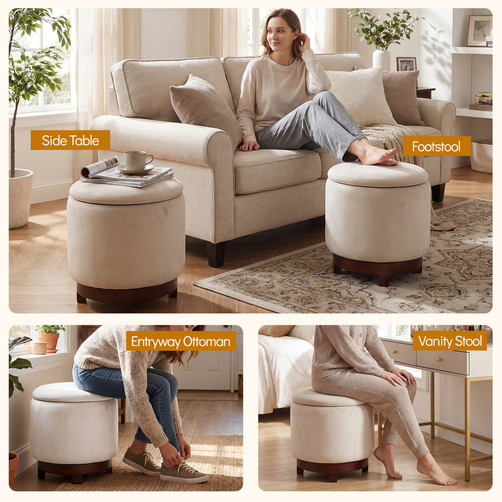 Beige 360° swivel velvet footrest with hidden storage, perfect as a side table or entryway ottoman for versatile use.
