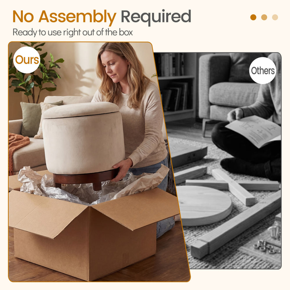 Beige 360° swivel velvet footrest with hidden storage, ready to use out of the box, ideal for living room convenience.