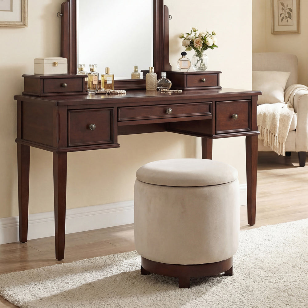 Beige 360° swivel velvet footrest with hidden storage, sturdy acacia wood frame, ideal for living room use.