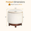 Beige 360° swivel velvet foot rest with hidden storage, 18" height, 12.5" diameter, sturdy acacia wood frame.