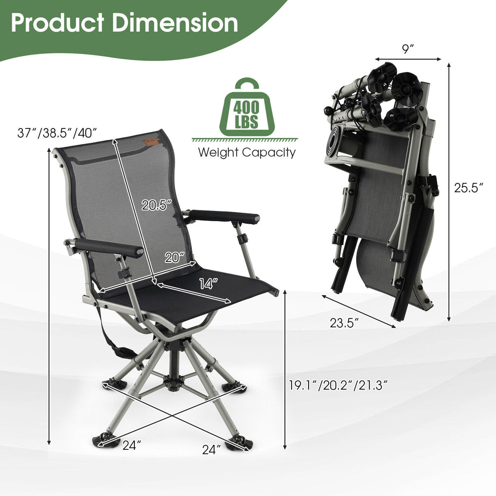 360-degree silent swivel hunting chair in black, featuring adjustable heights and breathable fabric for outdoor comfort.