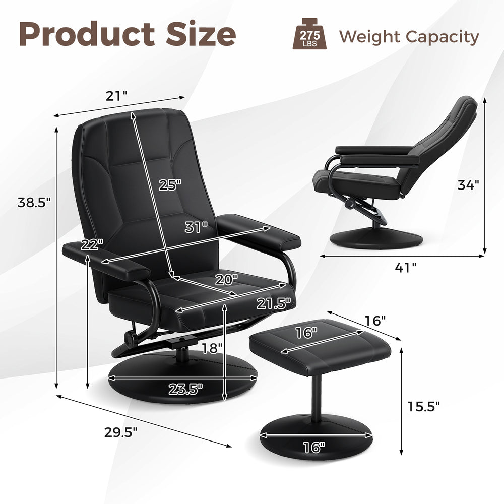 Swivel lounge chair recliner with ottoman, black leather upholstery, knob adjusting recliner, and 360-degree swivel.