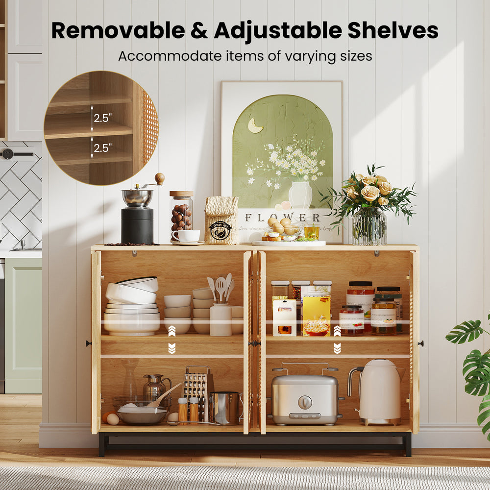 50-inch buffet sideboard cabinet with 4 rattan doors and adjustable shelves, perfect for kitchen or console use.
