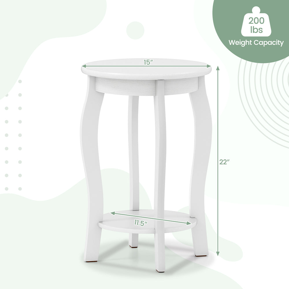 Round 2-tier end table in white with rubber wood legs, 15-inch diameter, perfect for living room or bedroom storage.