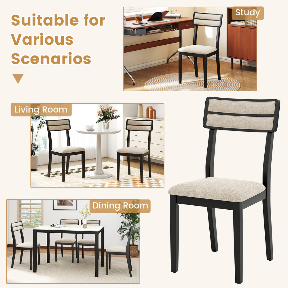 Modern dining chair with ergonomic tilt backrest, black rubber-wood legs, and linen-feel fabric for dining room comfort.