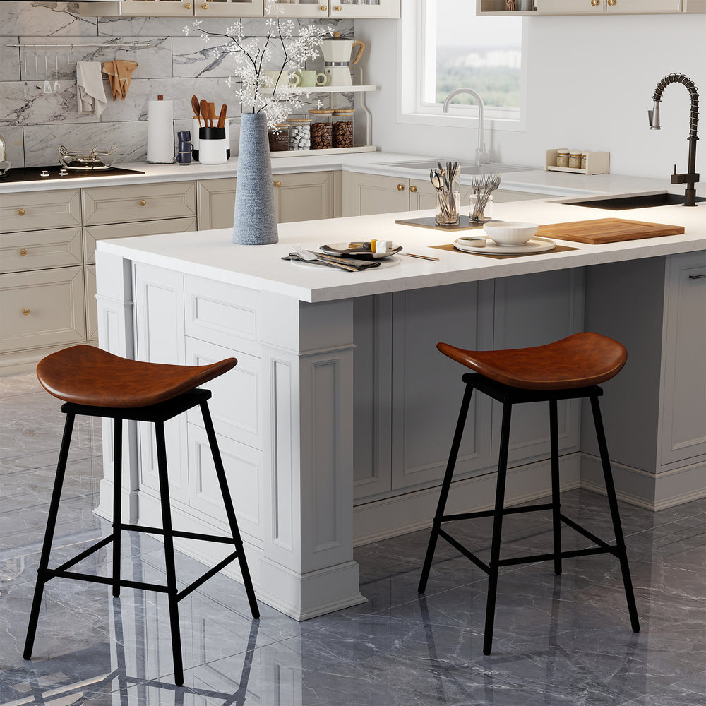 Set of 2 Swivel Barstools Faux Leather Upholstered Backless with Footrest-Brown - Gallery View 1 of 8