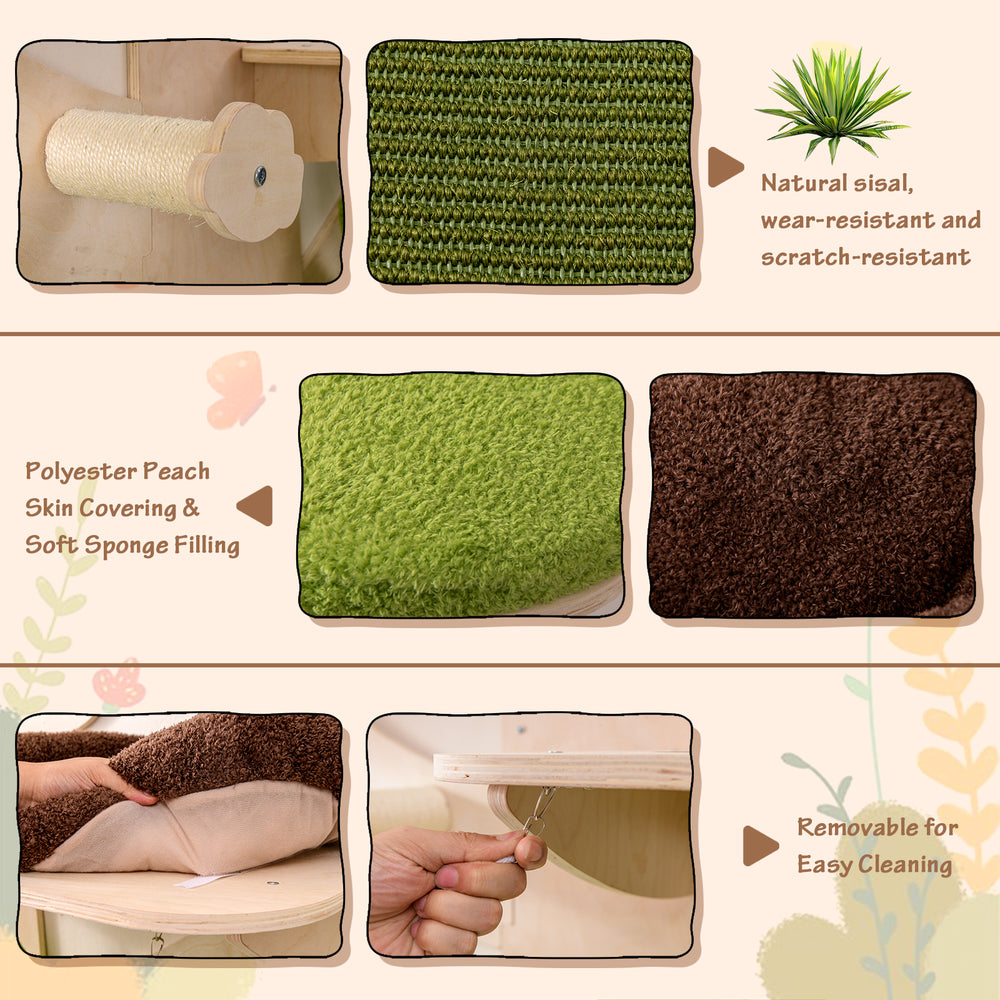 Natural sisal scratching post and soft sponge cushion for the wall-mounted cat tower, ideal for play and relaxation.