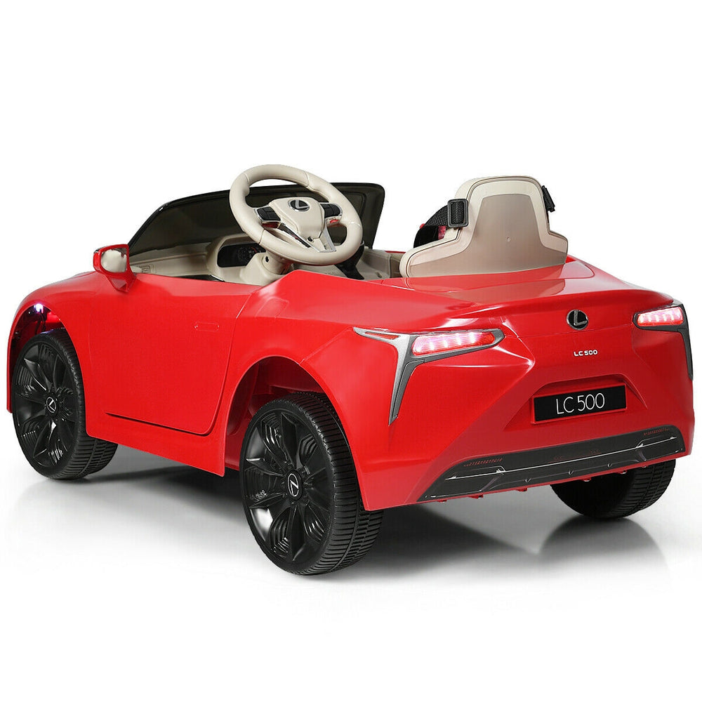 Red Lexus LC500 kids ride-on car with remote control, spring suspension, and LED lights for safe, fun driving.