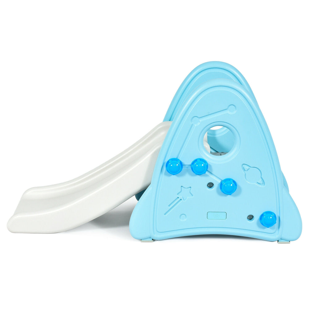 Blue freestanding baby slide featuring smooth edges and a gentle slope, designed for safe indoor fun and easy assembly.
