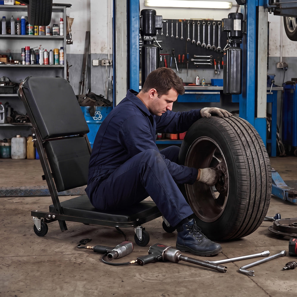 Mechanic using a 36" 3-in-1 folding creeper with padded seat for comfort while changing a tire in a garage.