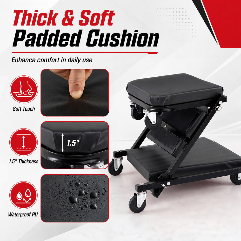 Thick padded cushion mechanic creeper with waterproof PU, 1.5" thickness, and 330 lbs capacity for versatile use.