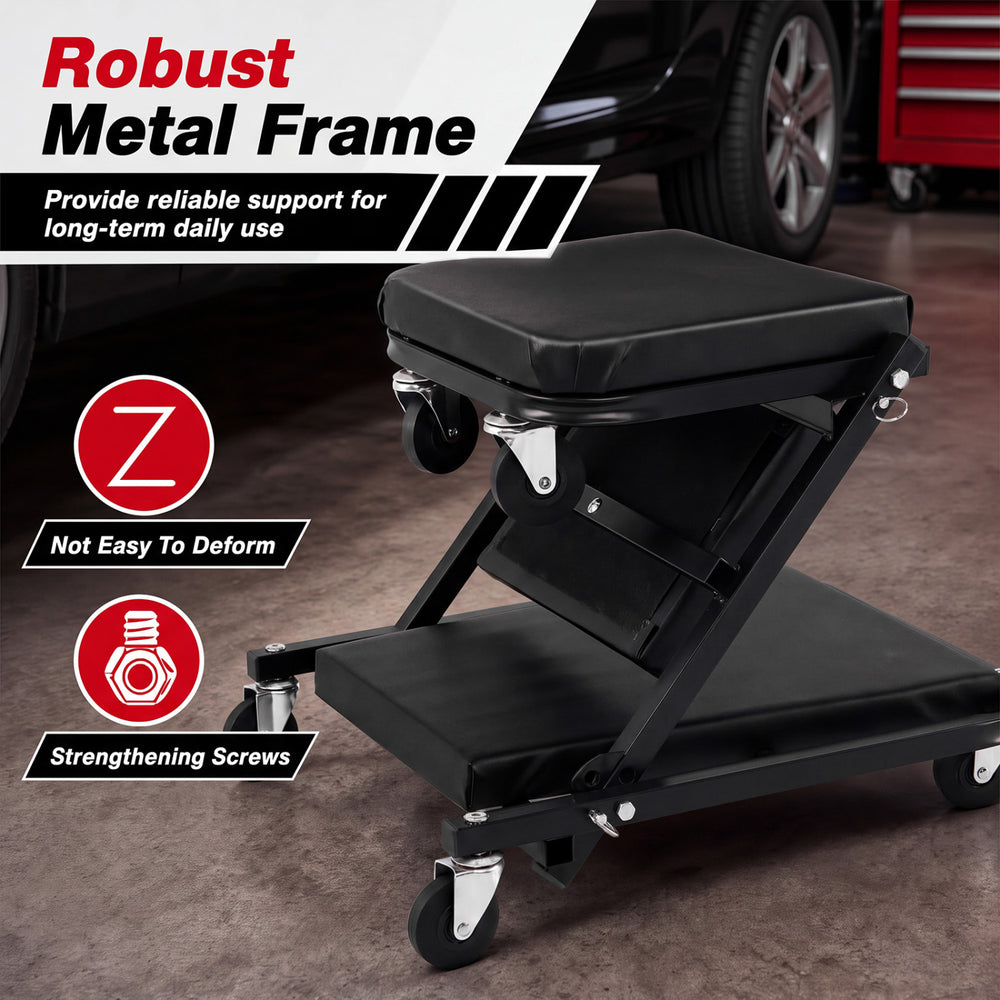 Folding mechanic creeper with robust metal frame, 1.5" thick padded cushion, and 330 lbs capacity for garage use.