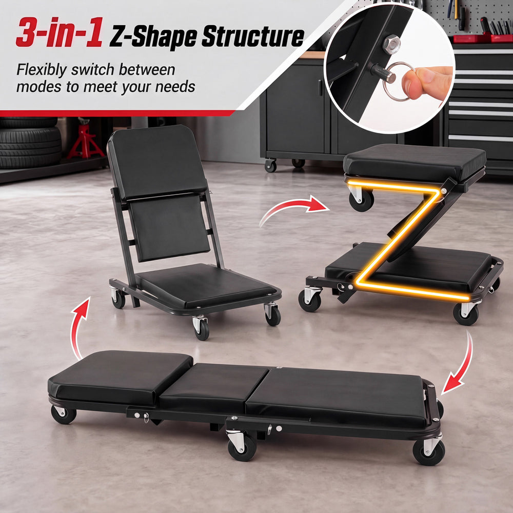 3-in-1 folding mechanic creeper with a Z-shape structure, padded cushion, and 330 lbs capacity for versatile use.