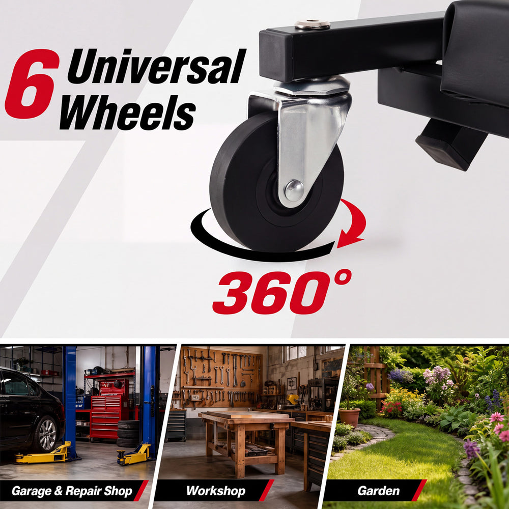 36" 3-in-1 folding mechanic creeper with 6 universal wheels for smooth mobility in garage, workshop, or garden use.