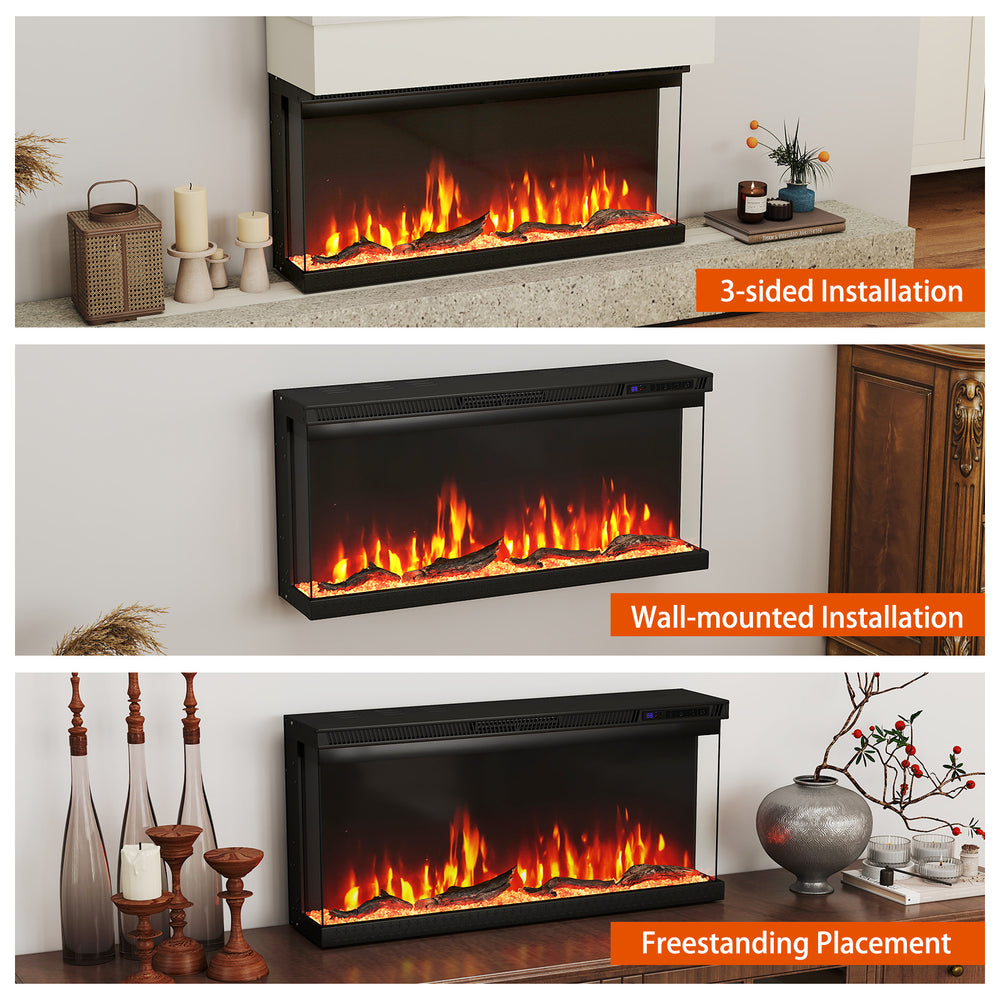 Three installation options for the 36-inch electric fireplace insert showcasing 12 flame colors and remote control.