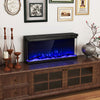 Three-sided electric fireplace insert with remote control, showcasing blue flames, perfect for modern living room.