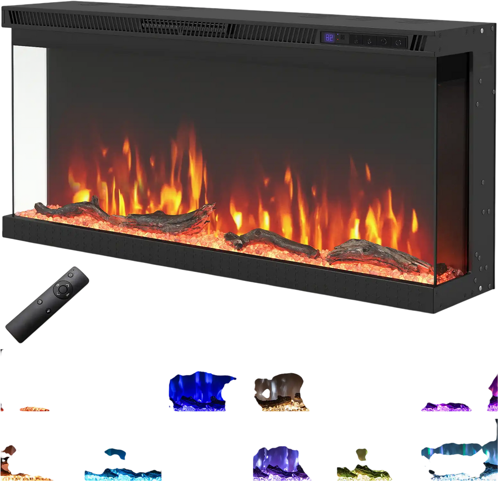 Three-sided electric fireplace insert with remote control, 12 flame colors, and sleek design for modern living spaces.