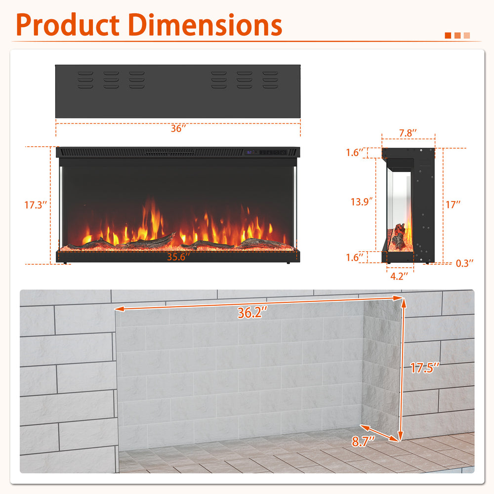 Product dimensions of the 36-inch 3-sided electric fireplace insert, showcasing recessed mount and sleek design for.