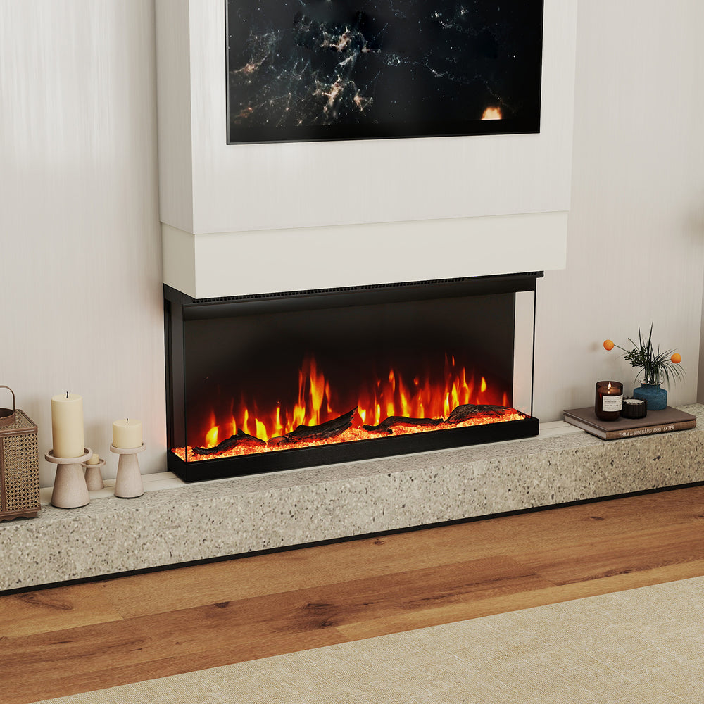 Three-sided 36-inch electric fireplace insert with remote control, showcasing vibrant flames for modern living room.