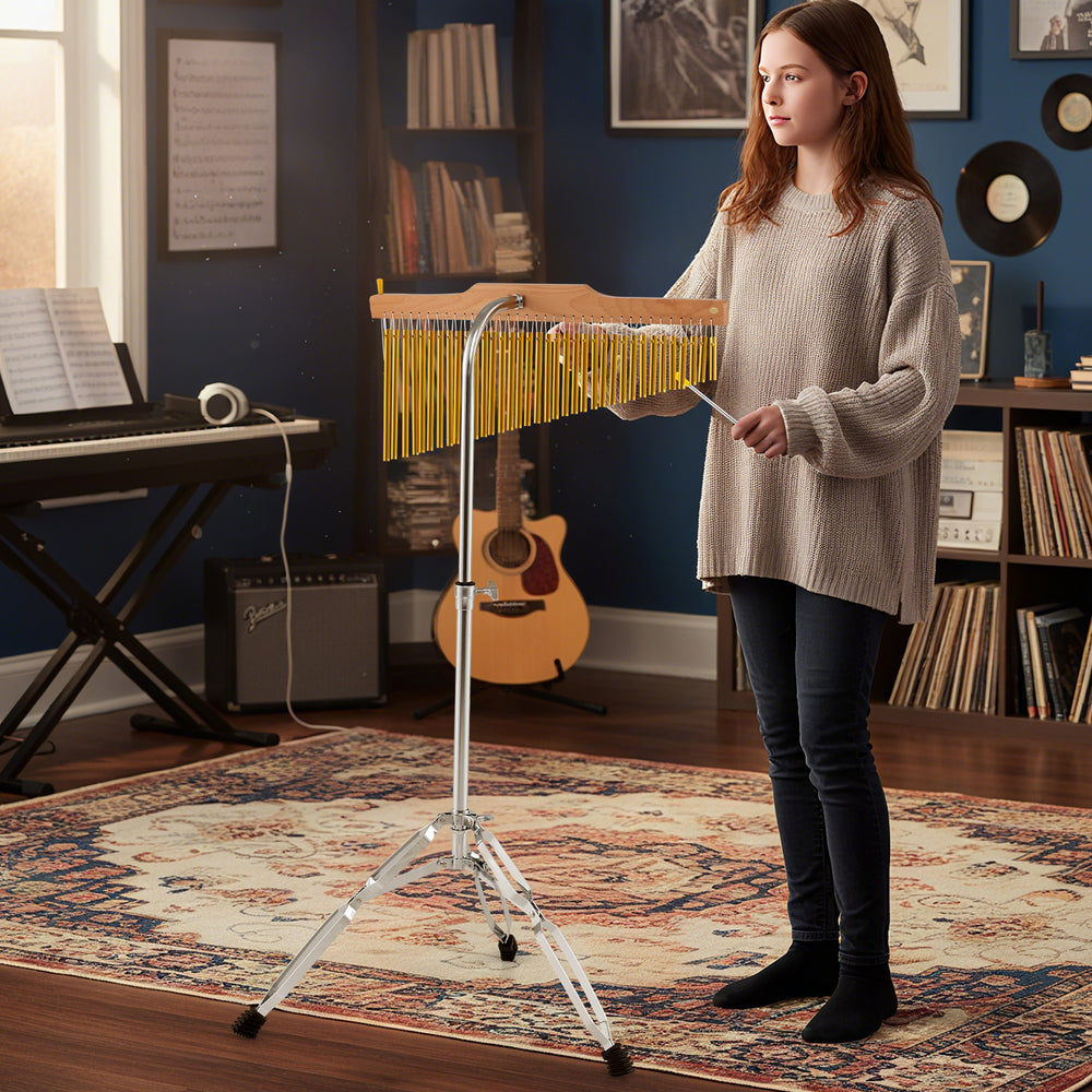 36-bar golden chimes percussion instrument with adjustable height, ideal for music lessons and performances.