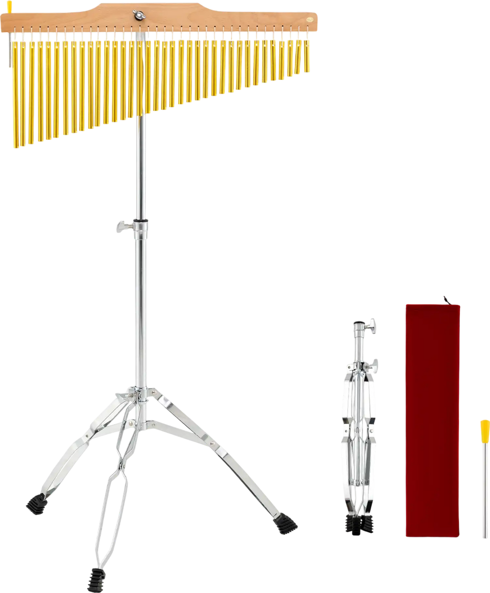 36-bar single-row chimes percussion instrument with adjustable height and beech wood support for versatile music.