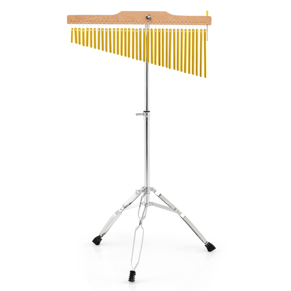 Single-row of 36 golden chime tubes on a sturdy adjustable stand, perfect for church bands and music education.