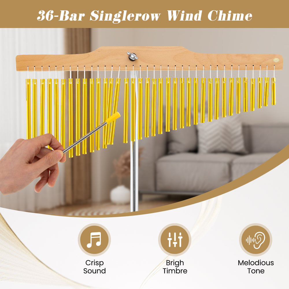 36-bar single-row wind chime in gold with beech wood support, ideal for music lessons and performances.