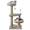 Two cats lounging on plush perches of a 36" carpeted cat tree with multiple scratching posts and a dangling ball.