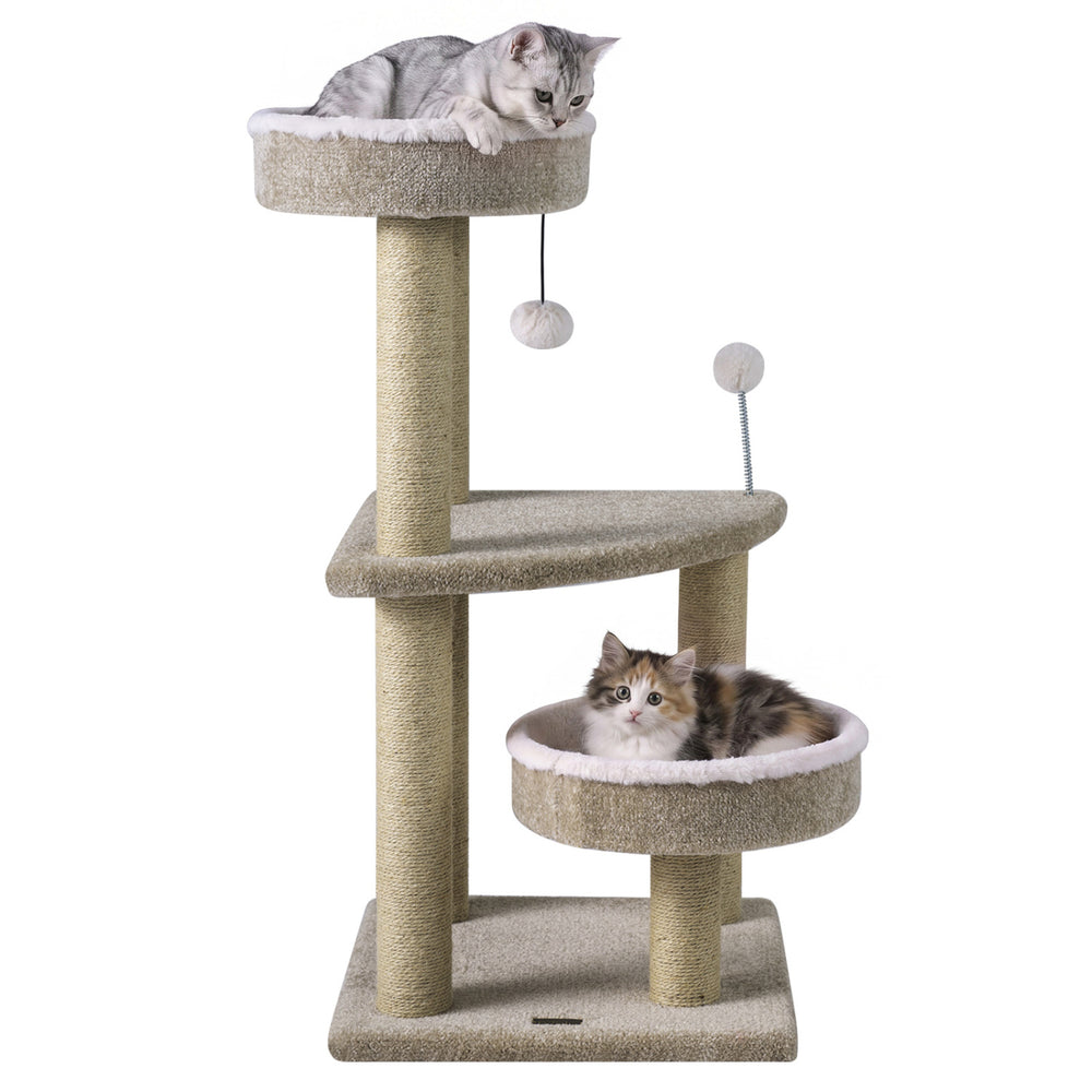 Two cats lounging on plush perches of a 36" carpeted cat tree with multiple scratching posts and a dangling ball.