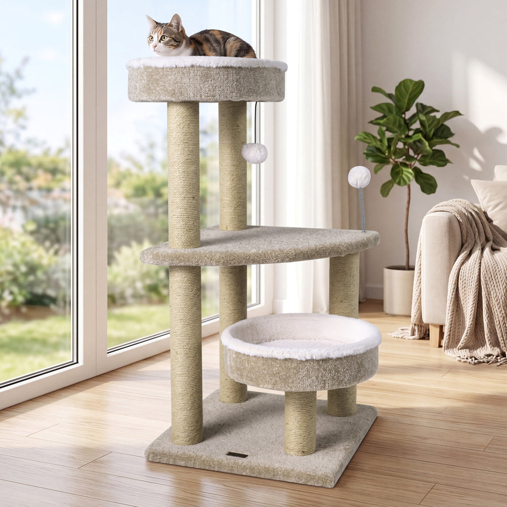 Plush perches and jute rope scratching posts on a 36" carpeted cat tree, designed for playful lounging and claw.