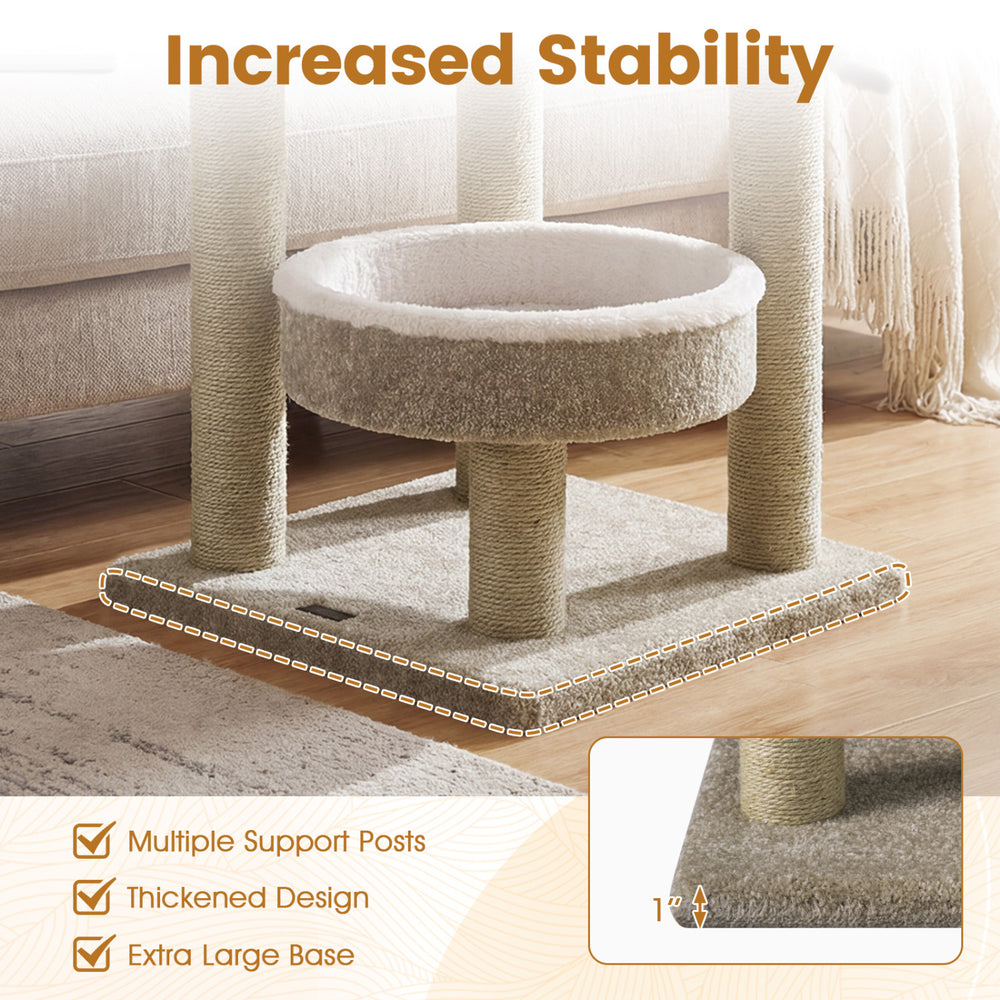 Extra large base of 36" carpeted cat tree ensures stability, featuring plush perches and multiple scratching posts.