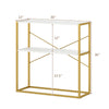 36" console table with white wooden shelves and gold metal frame, featuring two tiers for ample storage in entryways.