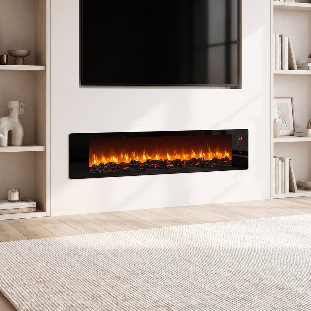 Recessed 36" electric fireplace features 5-level brightness, lifelike firewood, and ultra-quiet operation for cozy ambiance.