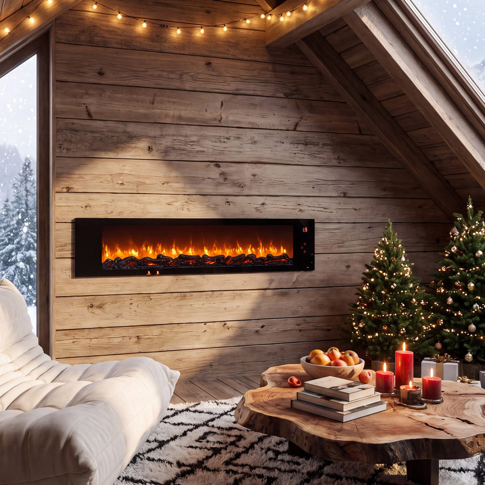 36" electric fireplace with adjustable brightness and lifelike firewood decoration, perfect for cozy indoor ambiance.