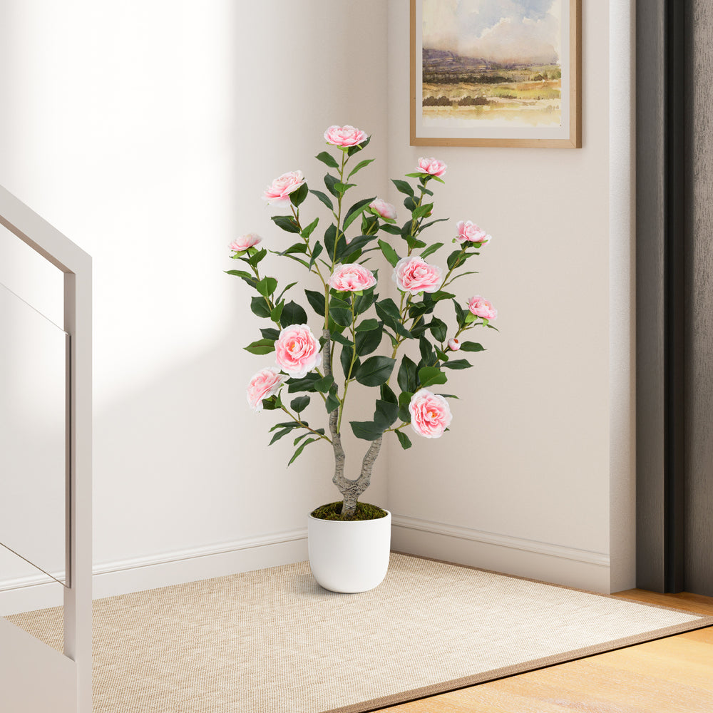 36-inch artificial camellia tree with vibrant pink flowers positioned in a stylish pot, ideal for enhancing any indoor.