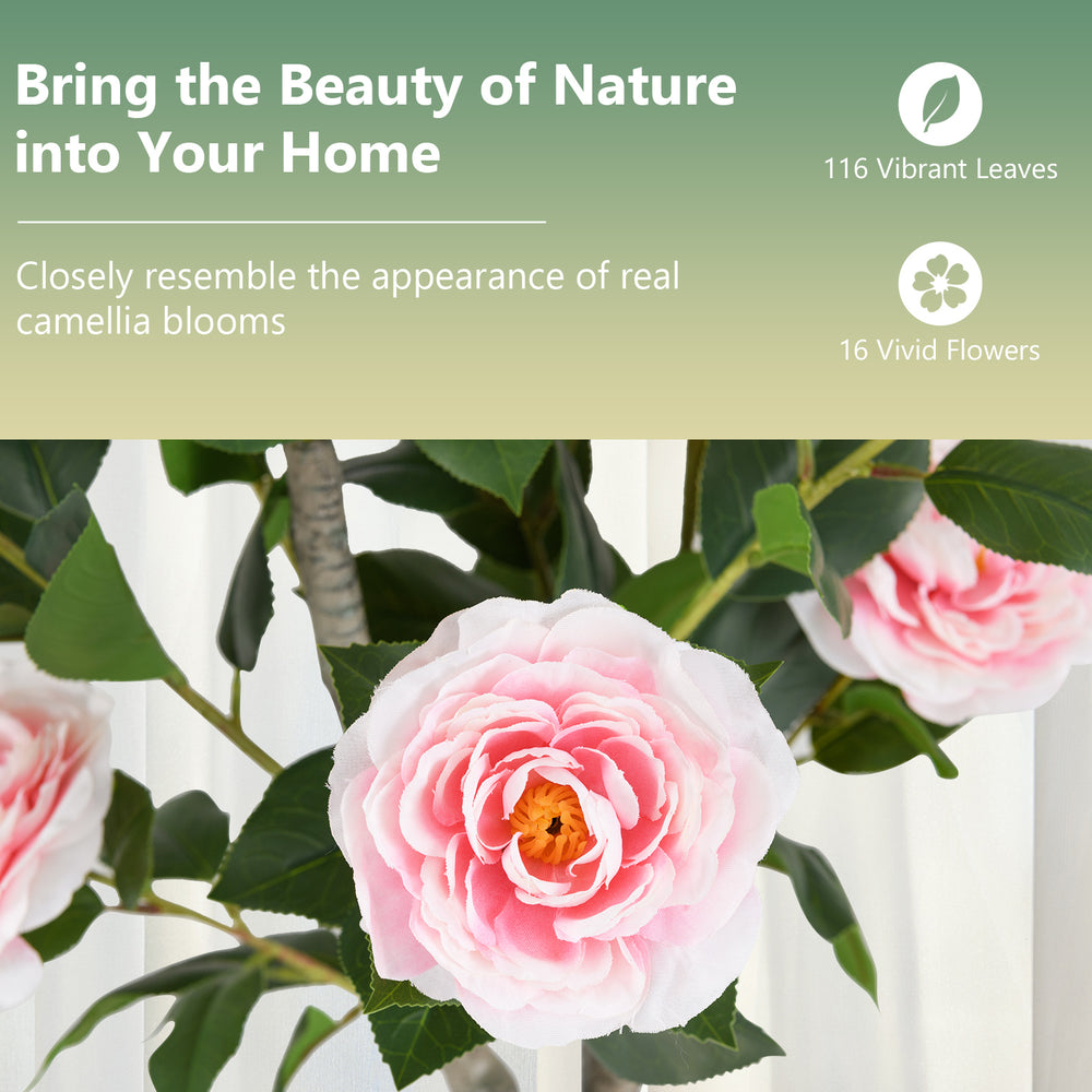 Artificial 36-inch camellia tree with pink flowers and 116 vibrant leaves, perfect for home or office decoration.