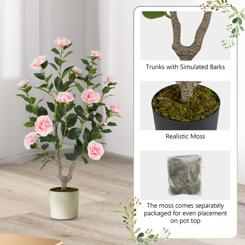 36-inch artificial camellia tree with pink flowers and realistic moss in a stable pot, perfect for home or office decor.