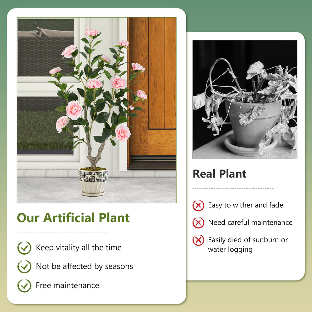 36-inch artificial camellia tree with pink flowers in a stable pot, perfect for home or office decoration year-round.
