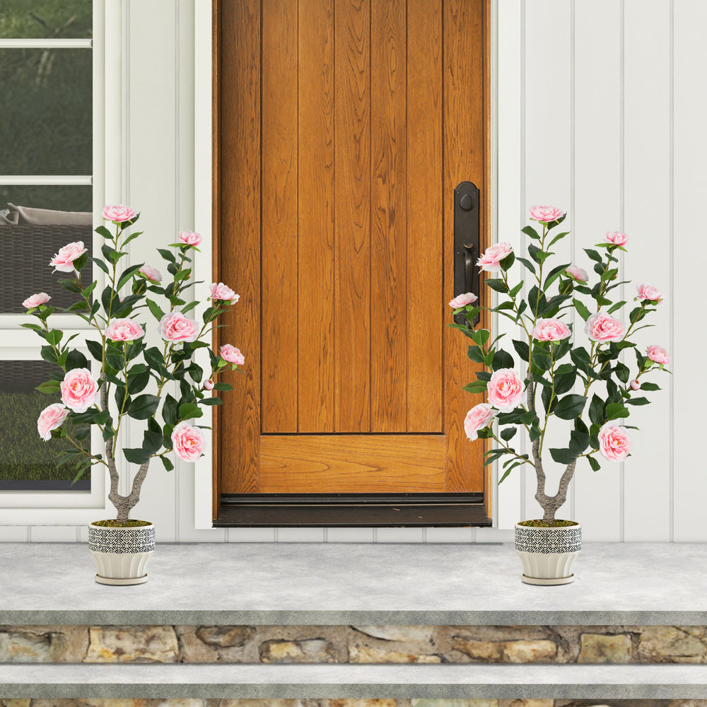 Two 36-inch pink artificial camellia trees in decorative pots, perfect for front door or porch decoration.