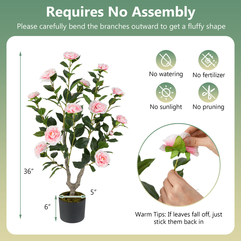 36-inch pink artificial camellia tree with textured PE trunk, ideal for adding charm to your balcony or porch decor.