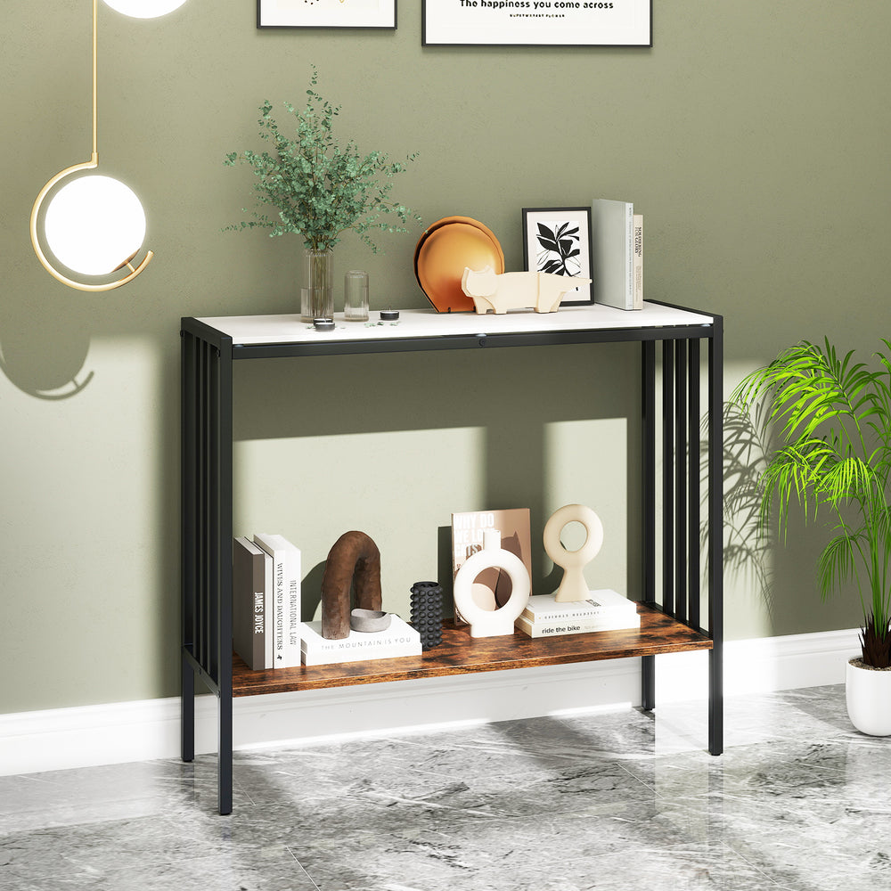Close-up of the sintered stone tabletop on a 36-inch console table, showcasing its natural texture and robust metal.