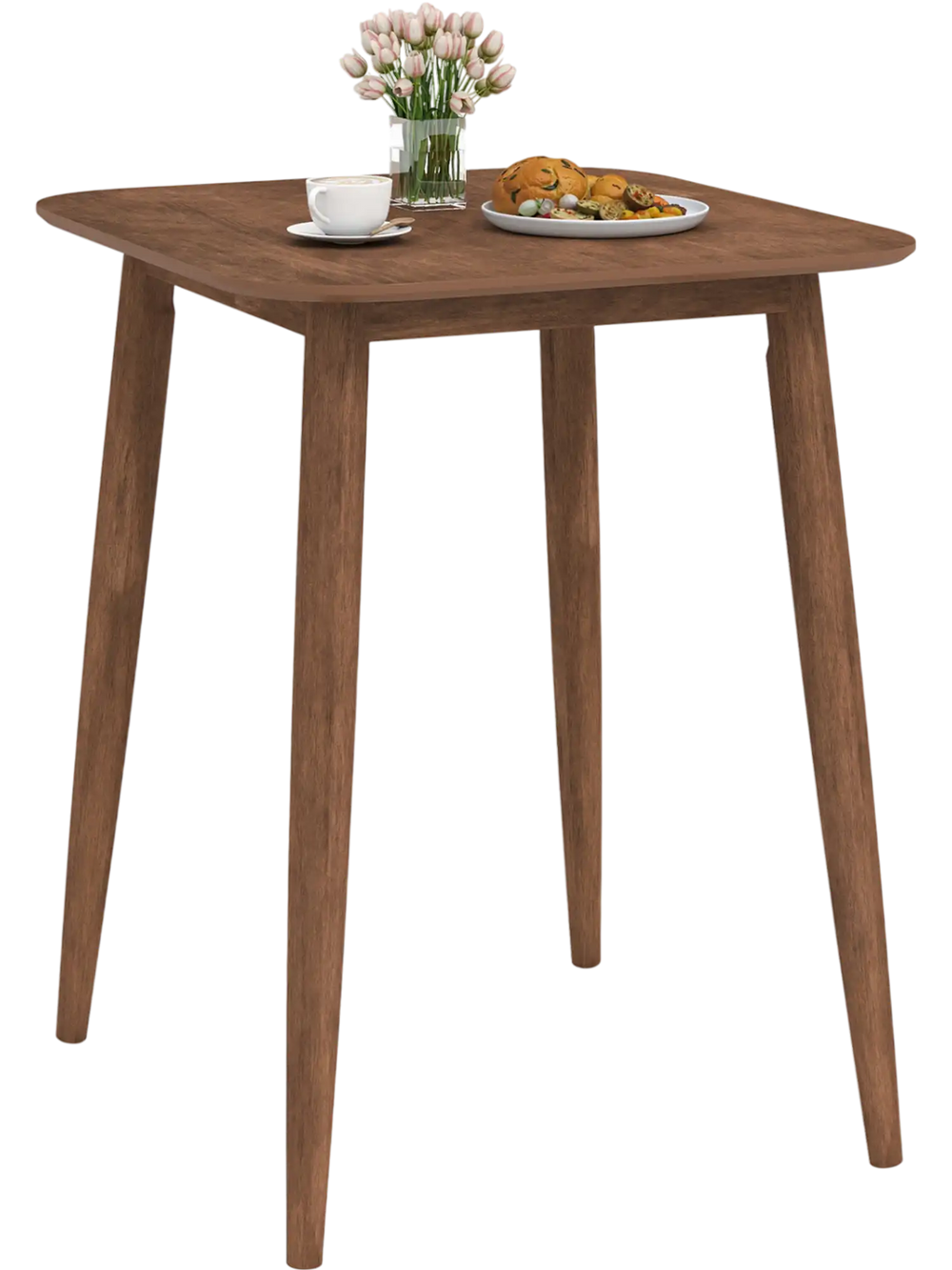 Walnut 36-inch counter height bar table with solid rubberwood legs, perfect for dining rooms or home bars.