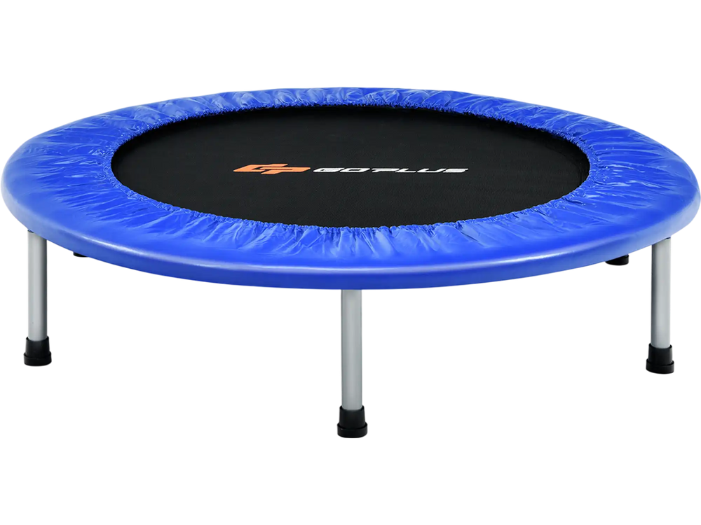 36-inch blue mini folding trampoline with sturdy steel frame, 28 springs, and non-slip rubber pads for safe fitness fun.
