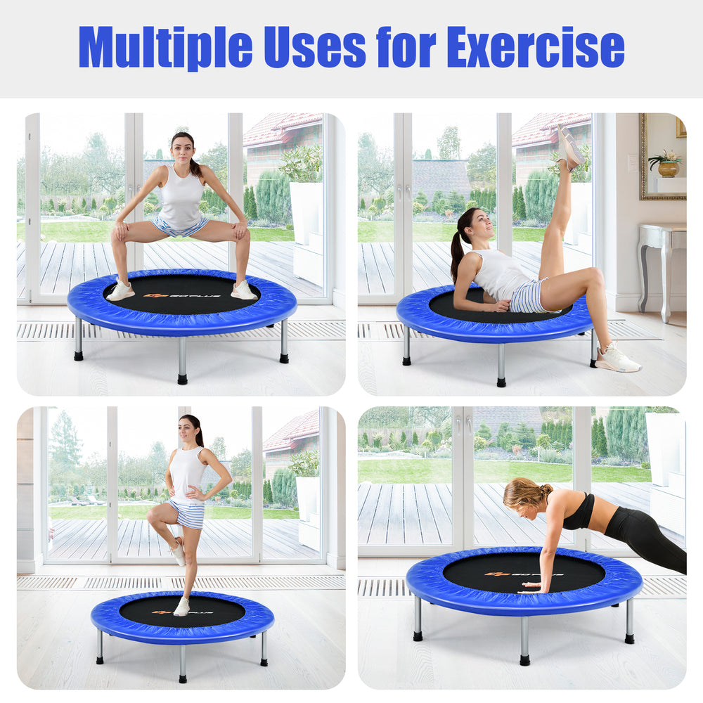 36-inch blue mini folding trampoline with sturdy steel frame, ideal for various exercises and safe fitness routines.