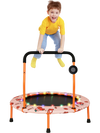Mini trampoline with colorful LED lights and Bluetooth speaker, featuring a foam handle for safe jumping and stability.