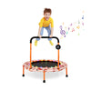 Colorful 36-inch mini trampoline with LED lights and Bluetooth speaker, designed for kids' fun and safe jumping.