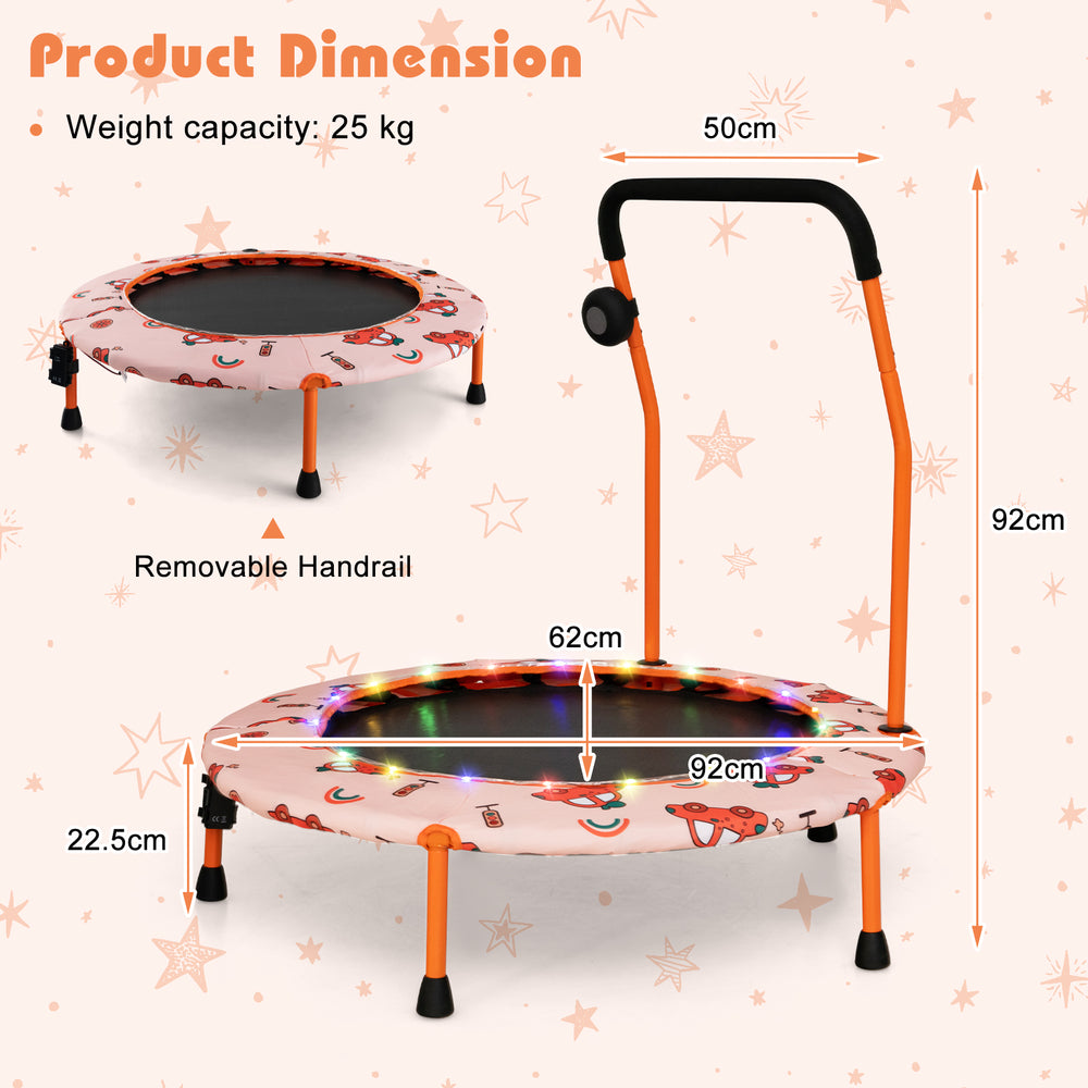 36-inch mini trampoline with removable handrail, colorful LED lights, and Bluetooth speaker for kids' fun and exercise.