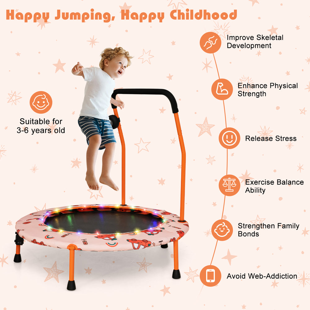 Mini trampoline with colorful LED lights, Bluetooth speaker, and safety handle for kids aged 3-6 years.