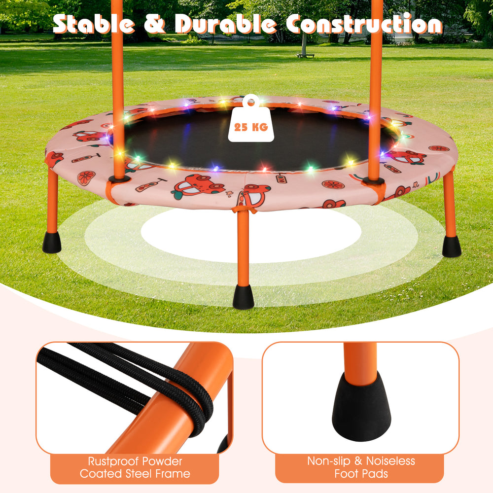 36-inch orange mini trampoline with LED lights, Bluetooth speaker, and sturdy powder-coated steel frame for kids' fun.