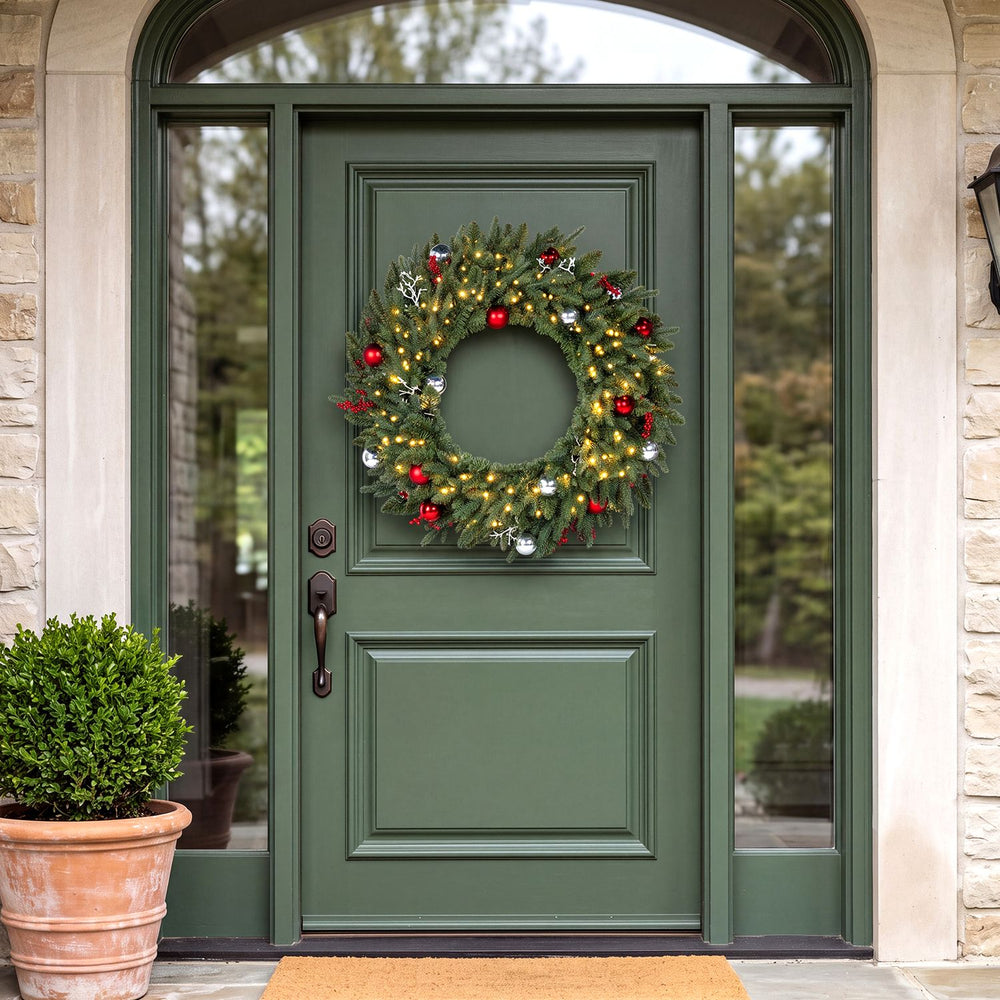36 Inch Pre-Lit Christmas Wreath for Front Door with 100 Warm White LED Lights Set of 1 - Gallery View 1 of 9